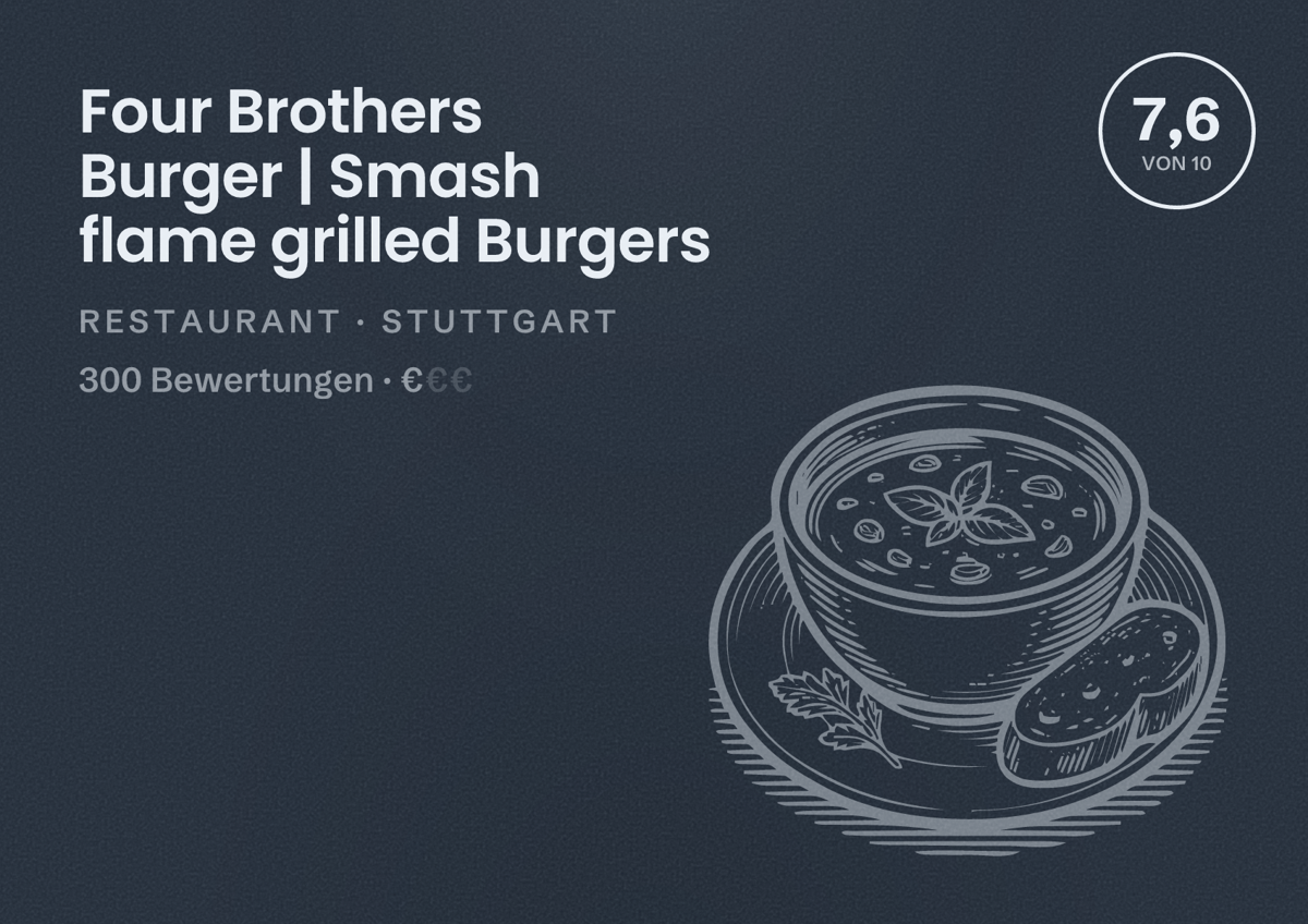 Illustriertes Poster von Four Brothers Burger | Smash flame grilled Burgers, Restaurant in Stuttgart: Bewertung 7,6 von 10 aus 300 Bewertungen, Preisniveau €