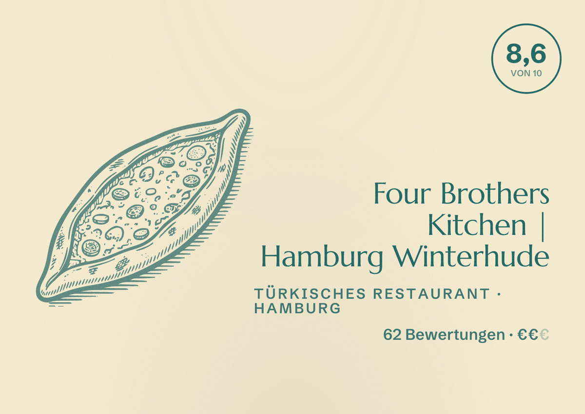 Illustriertes Poster von Four Brothers Kitchen | Hamburg Winterhude, Türkisches Restaurant in Hamburg: Bewertung 8,6 von 10 aus 62 Bewertungen, Preisniveau €€