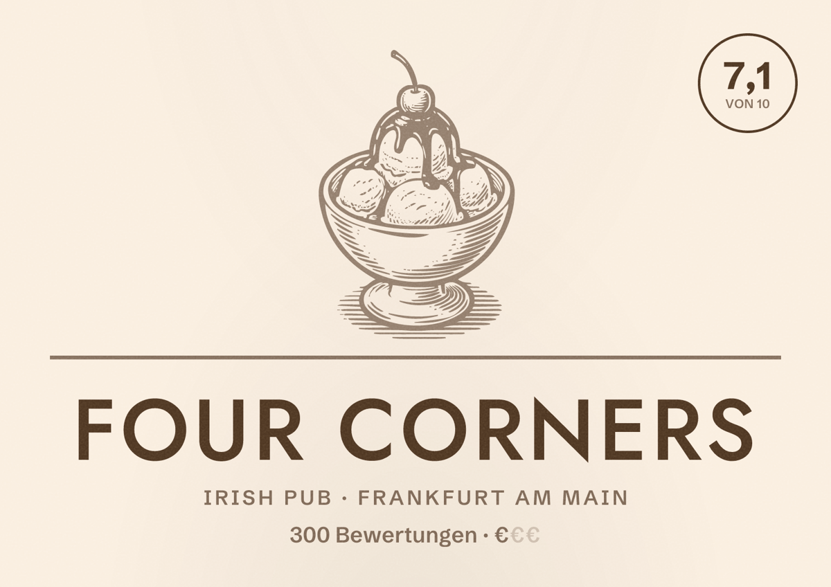 Illustriertes Poster von Four Corners, Irish Pub in Frankfurt am Main: Bewertung 7,1 von 10 aus 300 Bewertungen, Preisniveau €