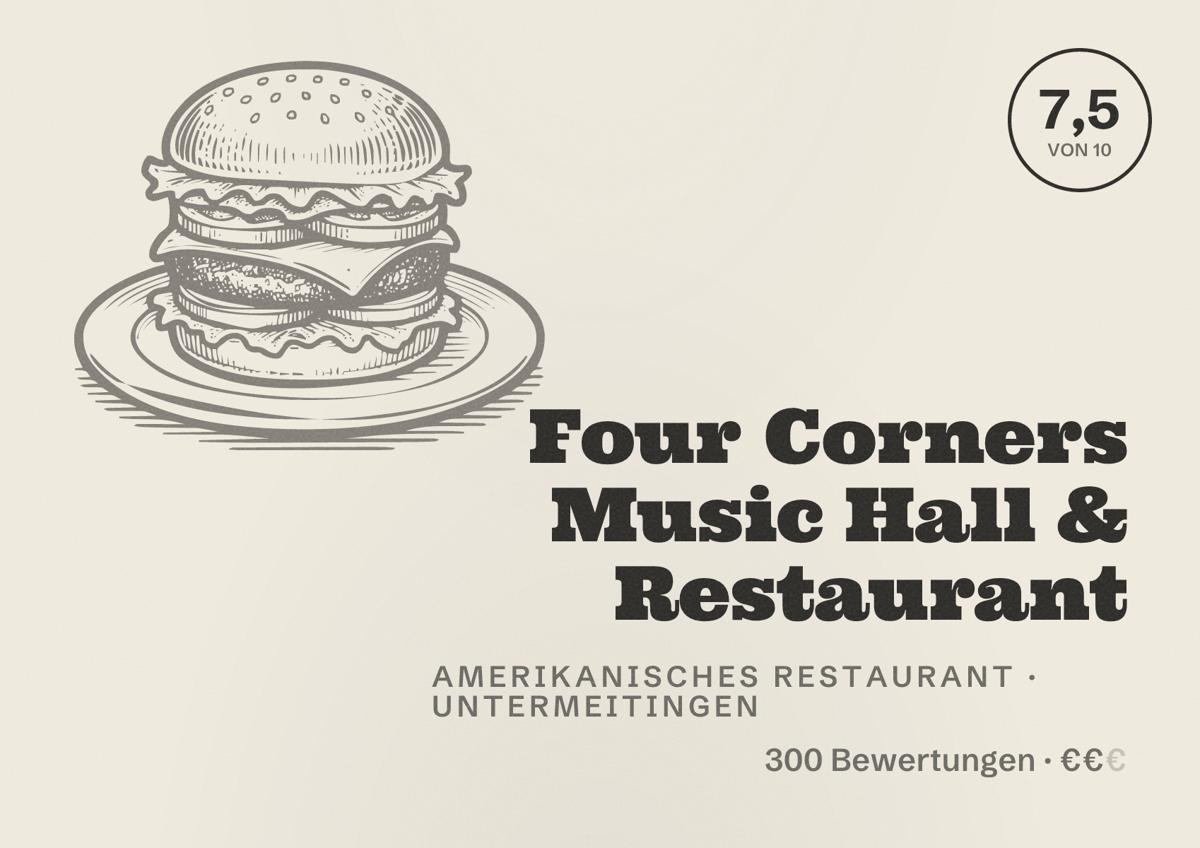 Illustriertes Poster von Four Corners Music Hall & Restaurant, Amerikanisches Restaurant in Untermeitingen: Bewertung 7,5 von 10 aus 300 Bewertungen, Preisniveau €€
