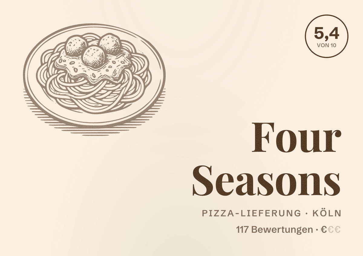 Illustriertes Poster von Four Seasons, Pizza-Lieferung in Köln: Bewertung 5,4 von 10 aus 117 Bewertungen, Preisniveau €
