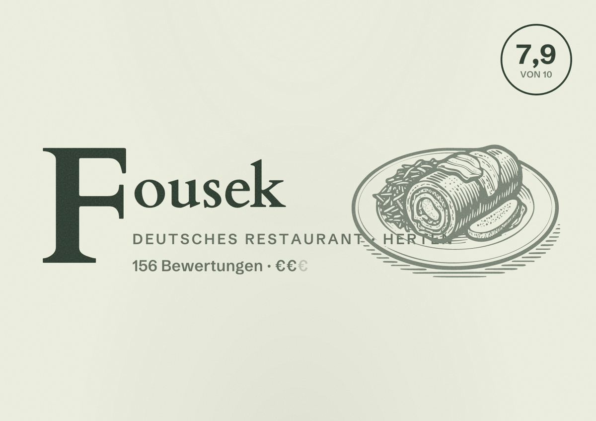 Illustriertes Poster von Fousek, Deutsches Restaurant in Herten: Bewertung 7,9 von 10 aus 156 Bewertungen, Preisniveau €€