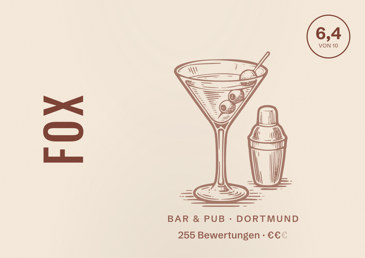 Illustriertes Poster von FOX, Bar & Pub in Dortmund: Bewertung 6,4 von 10 aus 255 Bewertungen, Preisniveau €€