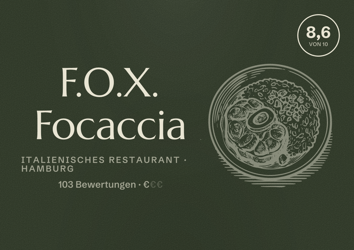 Illustriertes Poster von F.O.X. Focaccia, Italienisches Restaurant in Hamburg: Bewertung 8,6 von 10 aus 103 Bewertungen, Preisniveau €