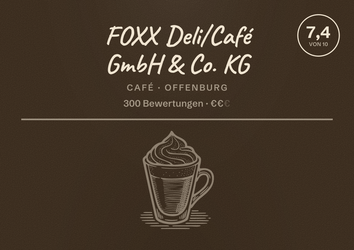 Illustriertes Poster von FOXX Deli/Café GmbH & Co. KG, Café in Offenburg: Bewertung 7,4 von 10 aus 300 Bewertungen, Preisniveau €€