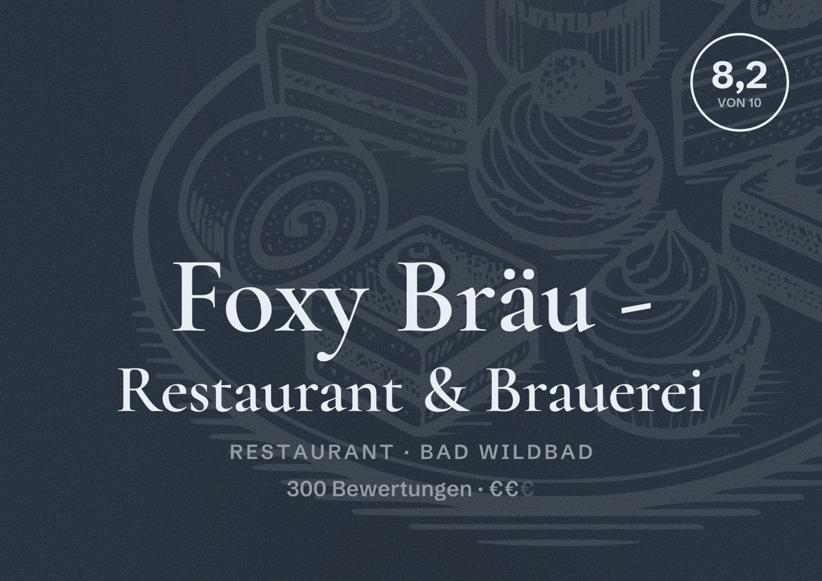 Illustriertes Poster von Foxy Bräu - Restaurant & Brauerei, Restaurant in Bad Wildbad: Bewertung 8,2 von 10 aus 300 Bewertungen, Preisniveau €€