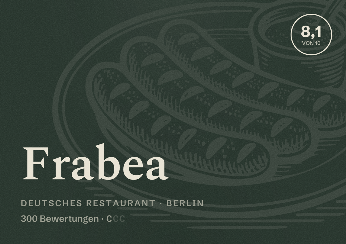 Illustriertes Poster von Frabea, Deutsches Restaurant in Berlin: Bewertung 8,1 von 10 aus 300 Bewertungen, Preisniveau €