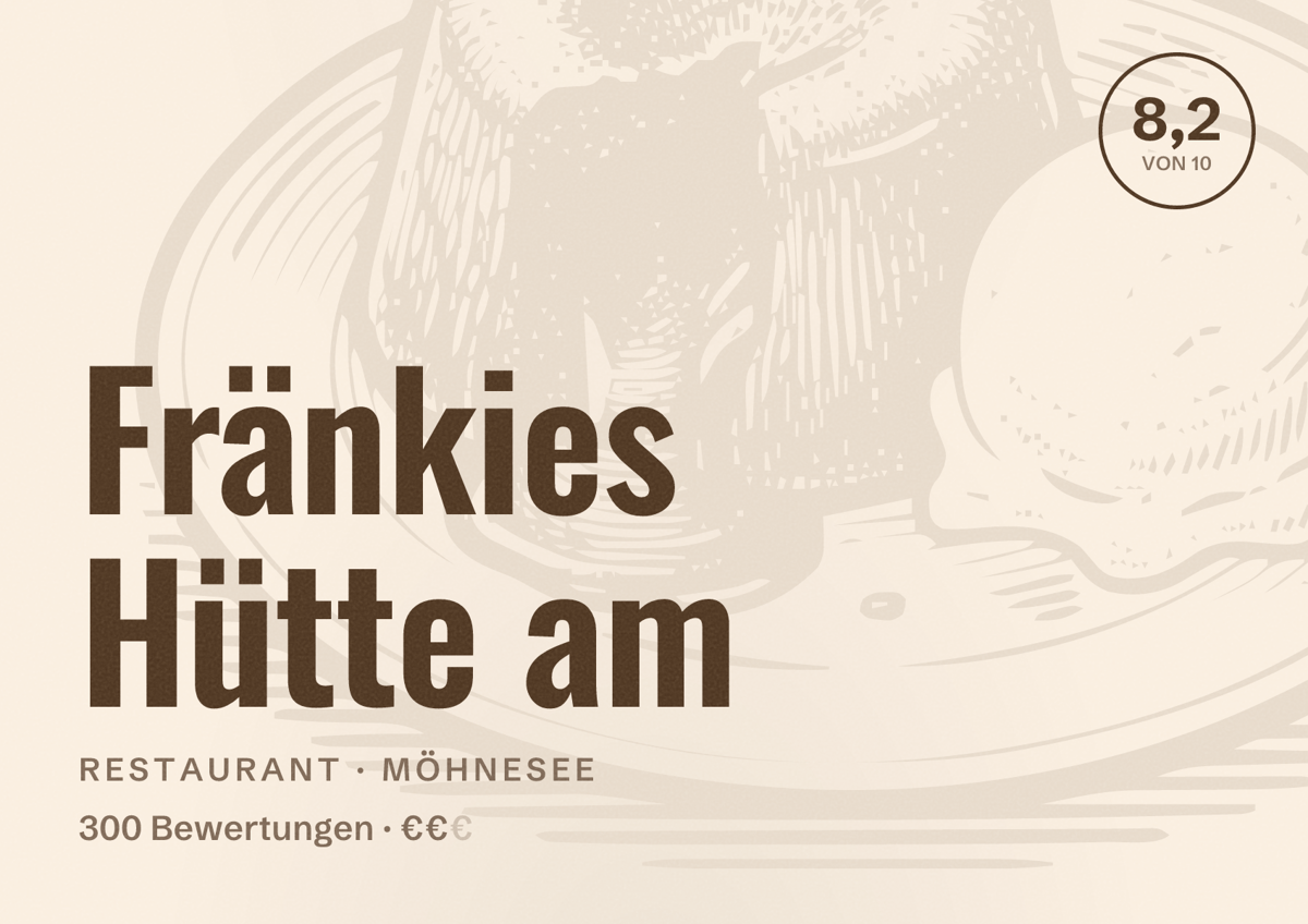 Illustriertes Poster von Fränkies Hütte am, Restaurant in Möhnesee: Bewertung 8,2 von 10 aus 300 Bewertungen, Preisniveau €€