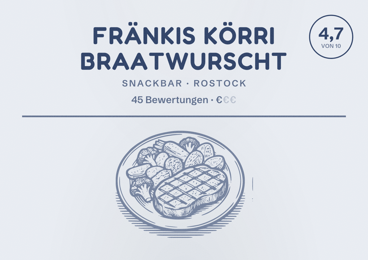 Illustriertes Poster von Fränkis Körri Braatwurscht, Snackbar in Rostock: Bewertung 4,7 von 10 aus 45 Bewertungen, Preisniveau €