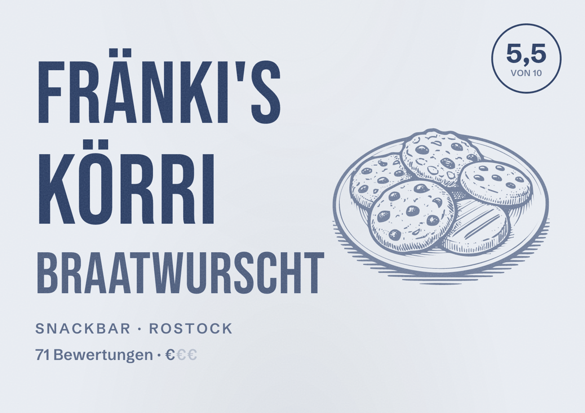 Illustriertes Poster von Fränki's Körri Braatwurscht, Snackbar in Rostock: Bewertung 5,5 von 10 aus 71 Bewertungen, Preisniveau €