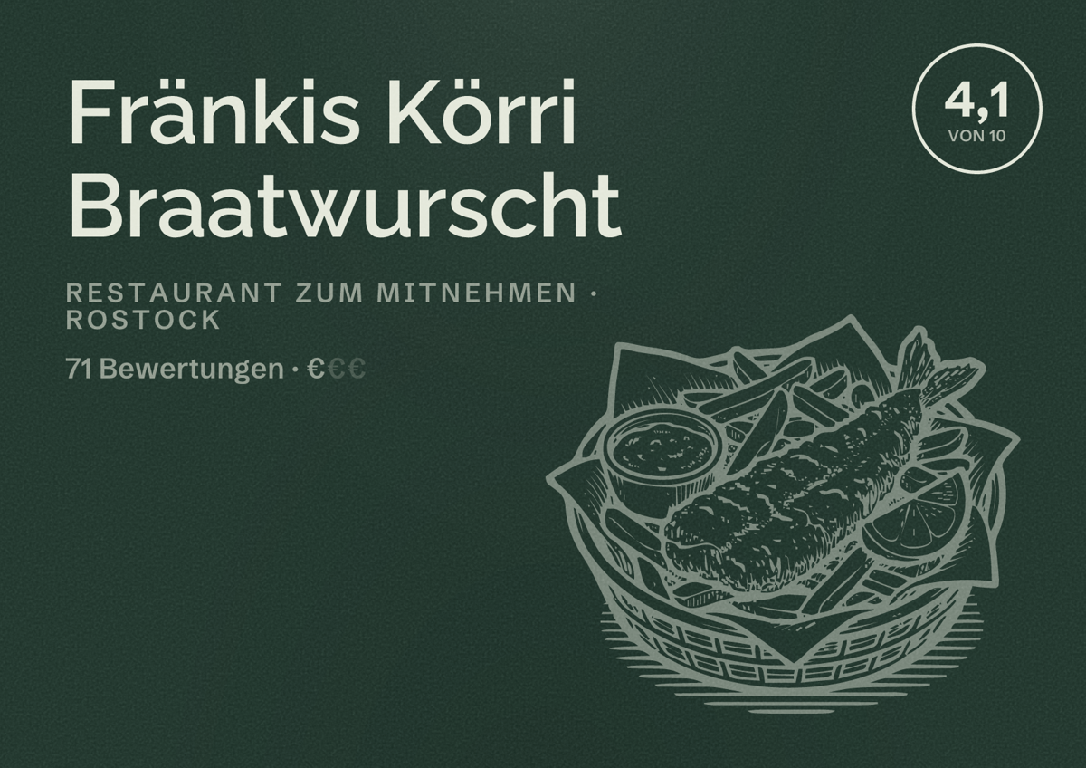 Illustriertes Poster von Fränkis Körri Braatwurscht, Restaurant zum Mitnehmen in Rostock: Bewertung 4,1 von 10 aus 71 Bewertungen, Preisniveau €