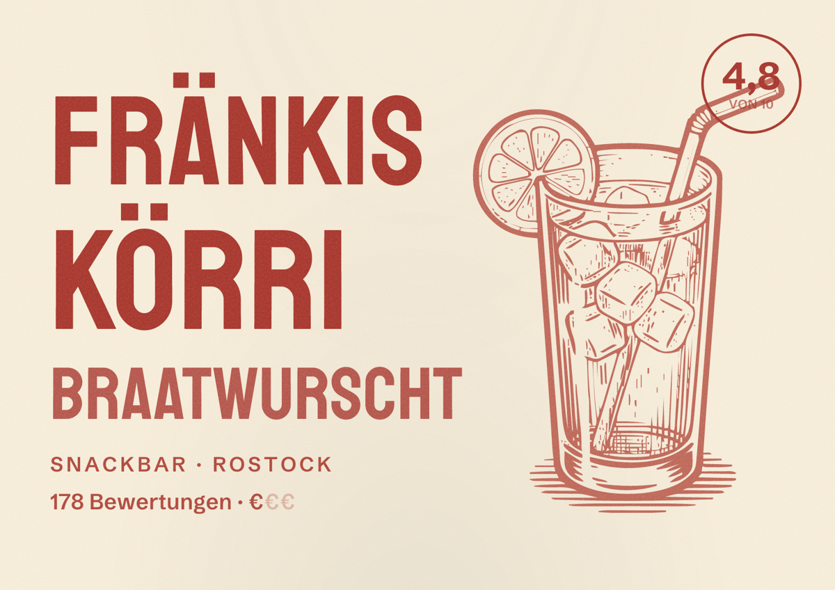 Illustriertes Poster von Fränkis Körri Braatwurscht, Snackbar in Rostock: Bewertung 4,8 von 10 aus 178 Bewertungen, Preisniveau €