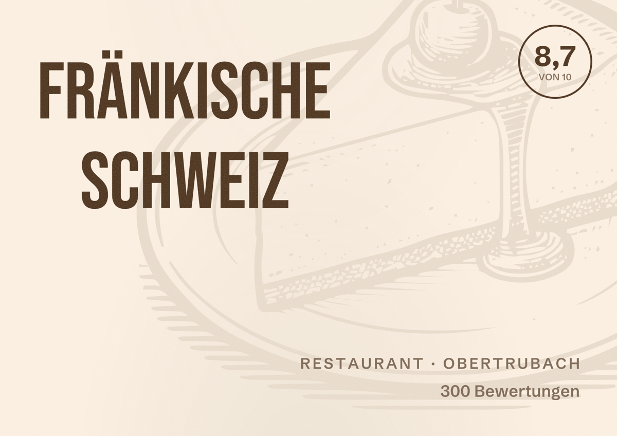 Illustriertes Poster von Fränkische Schweiz, Restaurant in Obertrubach: Bewertung 8,7 von 10 aus 300 Bewertungen