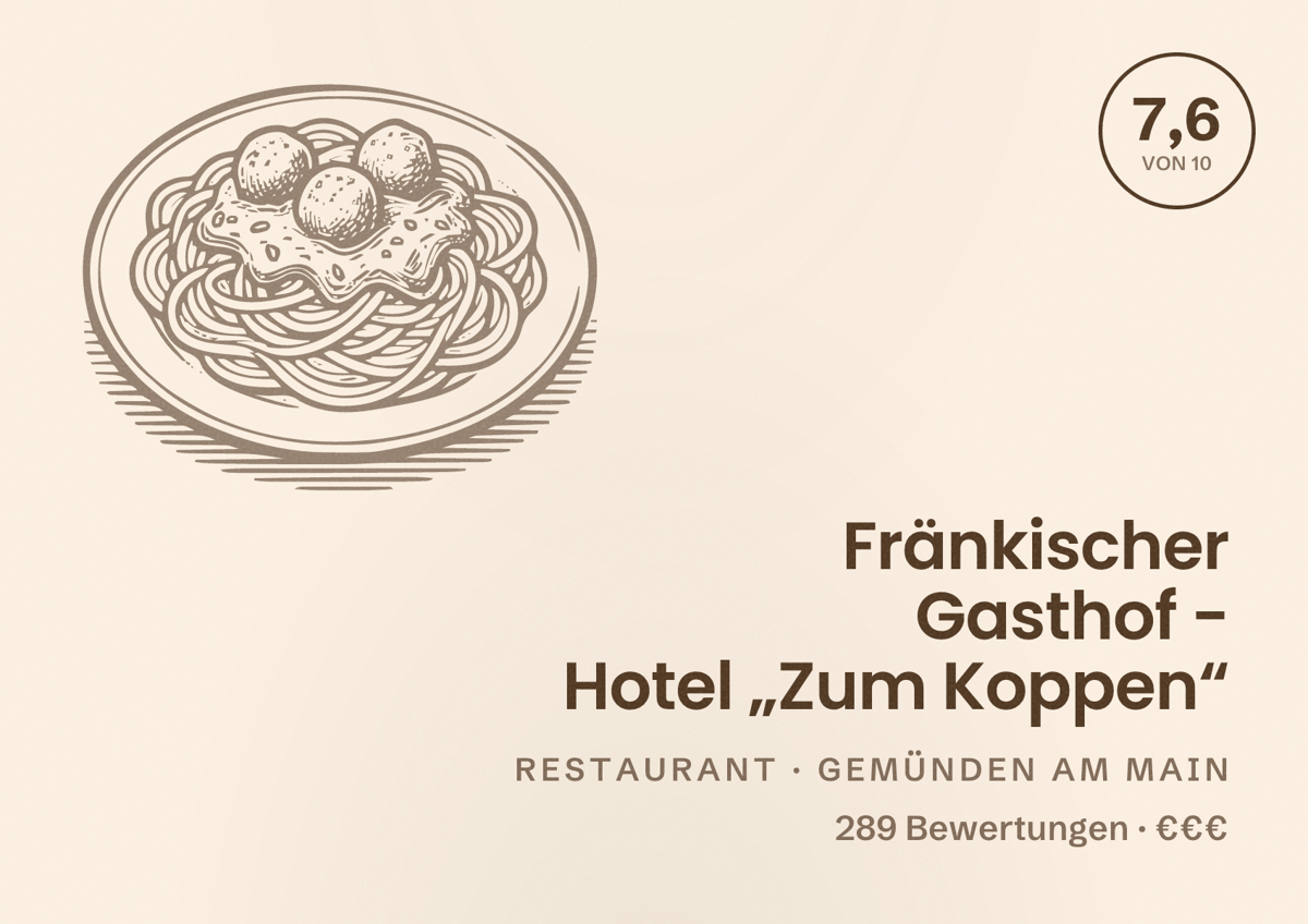 Illustriertes Poster von Fränkischer Gasthof - Hotel „Zum Koppen“, Restaurant in Gemünden am Main: Bewertung 7,6 von 10 aus 289 Bewertungen, Preisniveau €€€