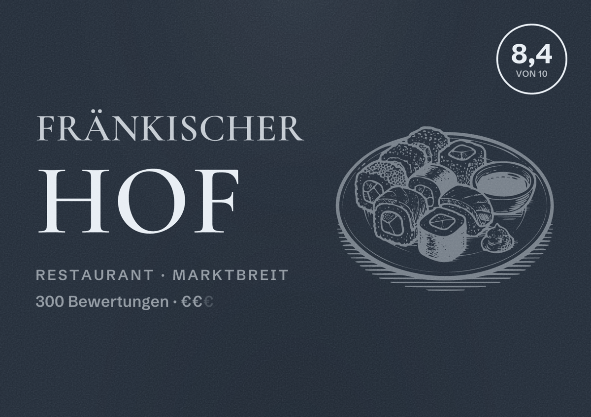 Illustriertes Poster von Fränkischer Hof, Restaurant in Marktbreit: Bewertung 8,4 von 10 aus 300 Bewertungen, Preisniveau €€