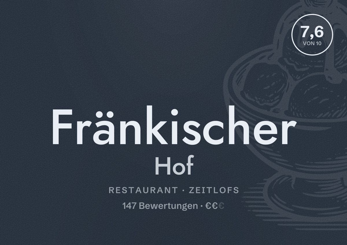Illustriertes Poster von Fränkischer Hof, Restaurant in Zeitlofs: Bewertung 7,6 von 10 aus 147 Bewertungen, Preisniveau €€