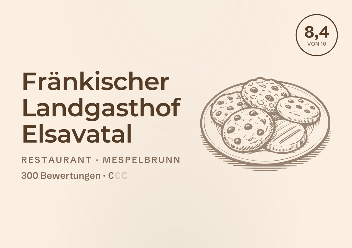 Illustriertes Poster von Fränkischer Landgasthof Elsavatal, Restaurant in Mespelbrunn: Bewertung 8,4 von 10 aus 300 Bewertungen, Preisniveau €