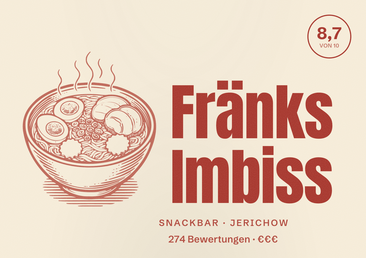 Illustriertes Poster von Fränks Imbiss, Snackbar in Jerichow: Bewertung 8,7 von 10 aus 274 Bewertungen, Preisniveau €€€