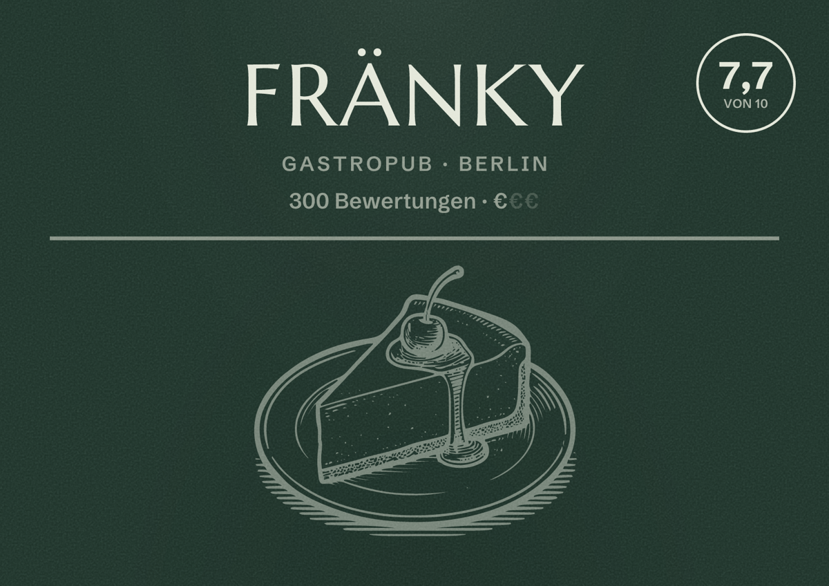 Illustriertes Poster von Fränky, Gastropub in Berlin: Bewertung 7,7 von 10 aus 300 Bewertungen, Preisniveau €