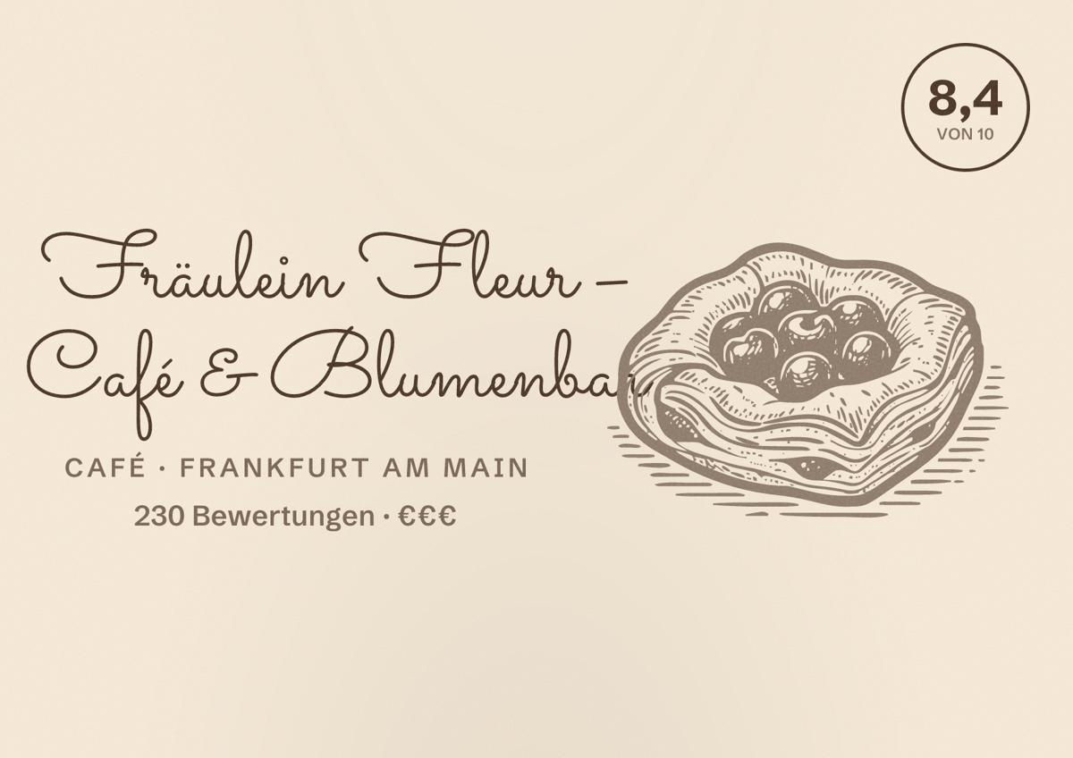 Illustriertes Poster von Fräulein Fleur – Café & Blumenbar, Café in Frankfurt am Main: Bewertung 8,4 von 10 aus 230 Bewertungen, Preisniveau €€€