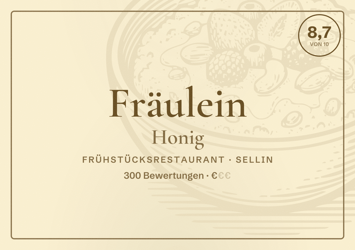 Illustriertes Poster von Fräulein Honig, Frühstücksrestaurant in Sellin: Bewertung 8,7 von 10 aus 300 Bewertungen, Preisniveau €