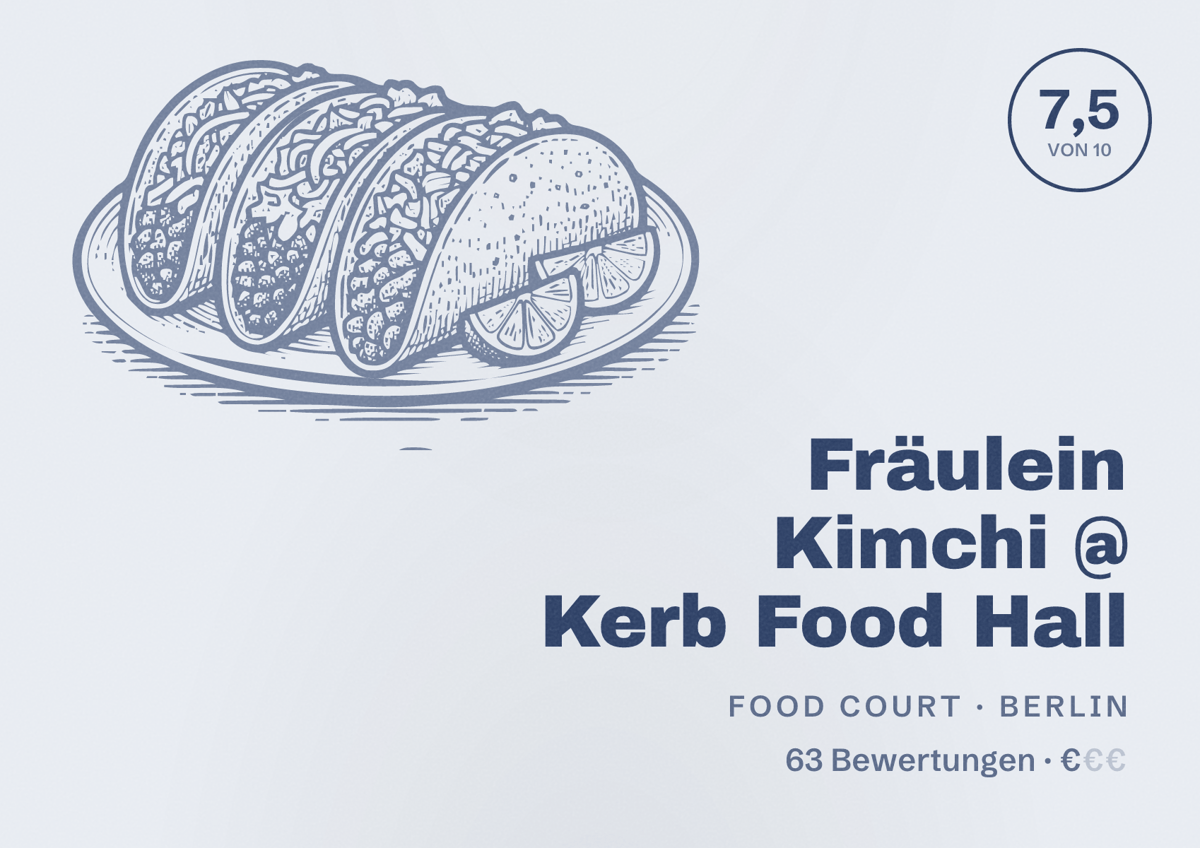 Illustriertes Poster von Fräulein Kimchi @ Kerb Food Hall, Food Court in Berlin: Bewertung 7,5 von 10 aus 63 Bewertungen, Preisniveau €