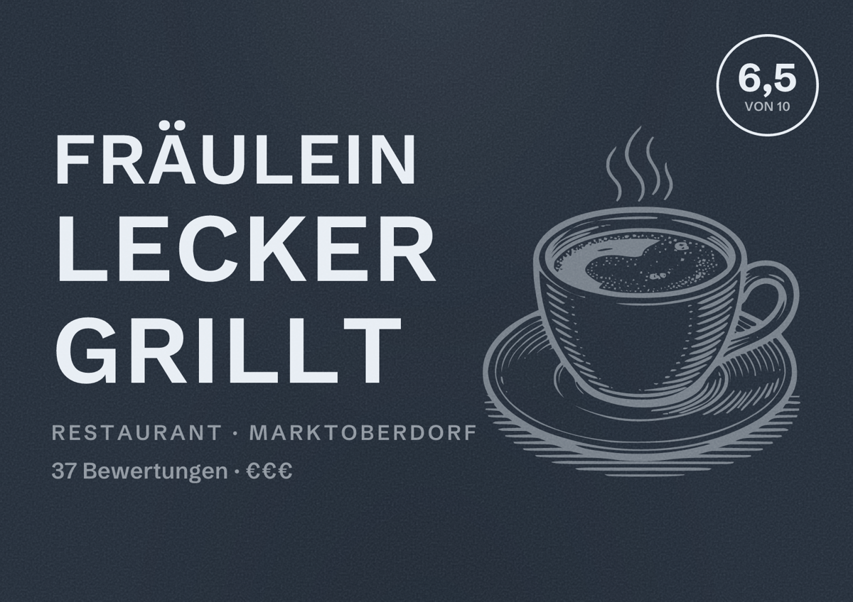 Illustriertes Poster von Fräulein Lecker grillt, Restaurant in Marktoberdorf: Bewertung 6,5 von 10 aus 37 Bewertungen, Preisniveau €€€