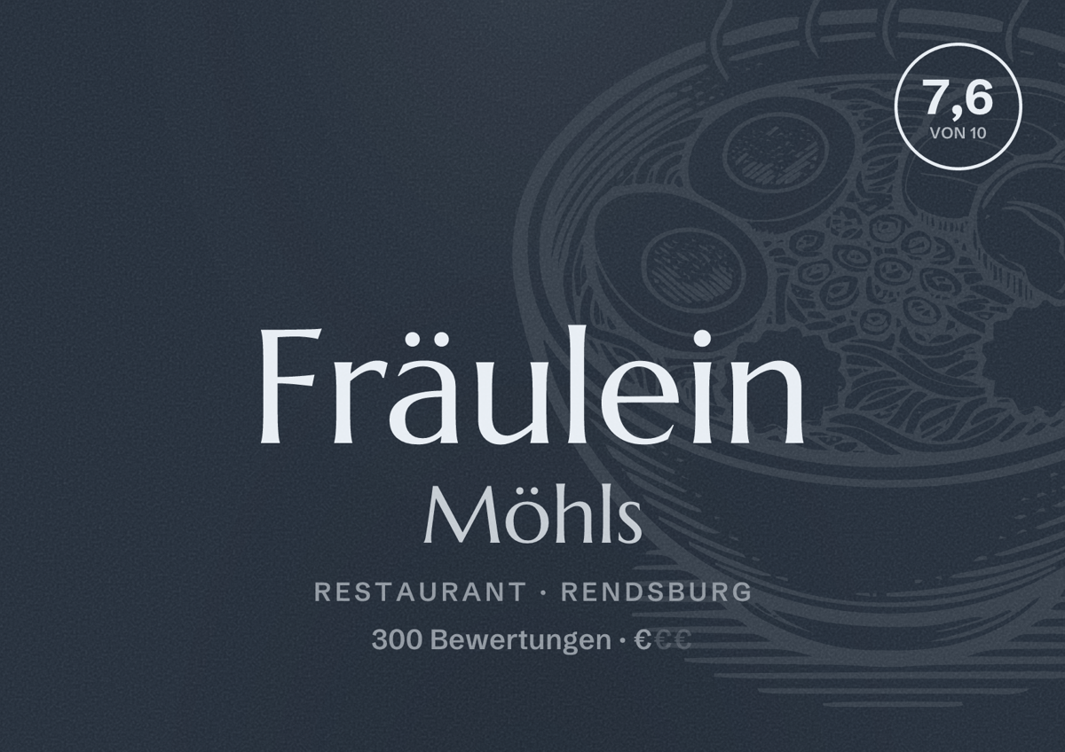 Illustriertes Poster von Fräulein Möhls, Restaurant in Rendsburg: Bewertung 7,6 von 10 aus 300 Bewertungen, Preisniveau €