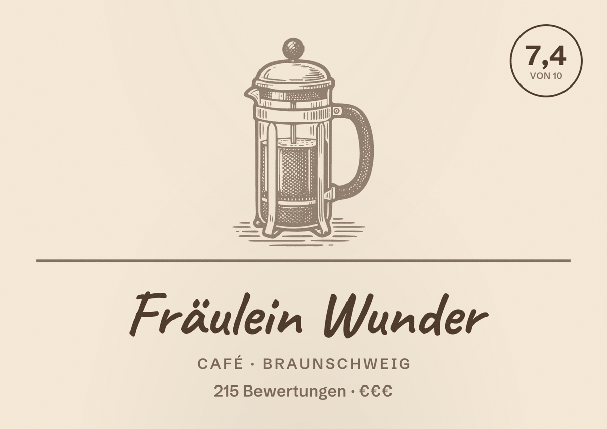 Illustriertes Poster von Fräulein Wunder, Café in Braunschweig: Bewertung 7,4 von 10 aus 215 Bewertungen, Preisniveau €€€