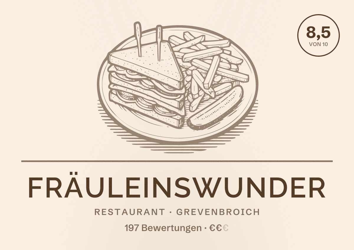 Illustriertes Poster von Fräuleinswunder, Restaurant in Grevenbroich: Bewertung 8,5 von 10 aus 197 Bewertungen, Preisniveau €€