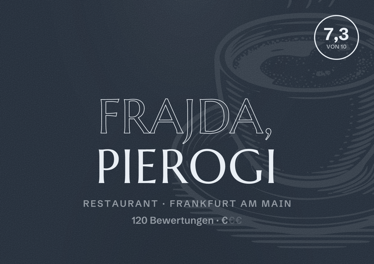 Illustriertes Poster von Frajda, Pierogi, Restaurant in Frankfurt am Main: Bewertung 7,3 von 10 aus 120 Bewertungen, Preisniveau €
