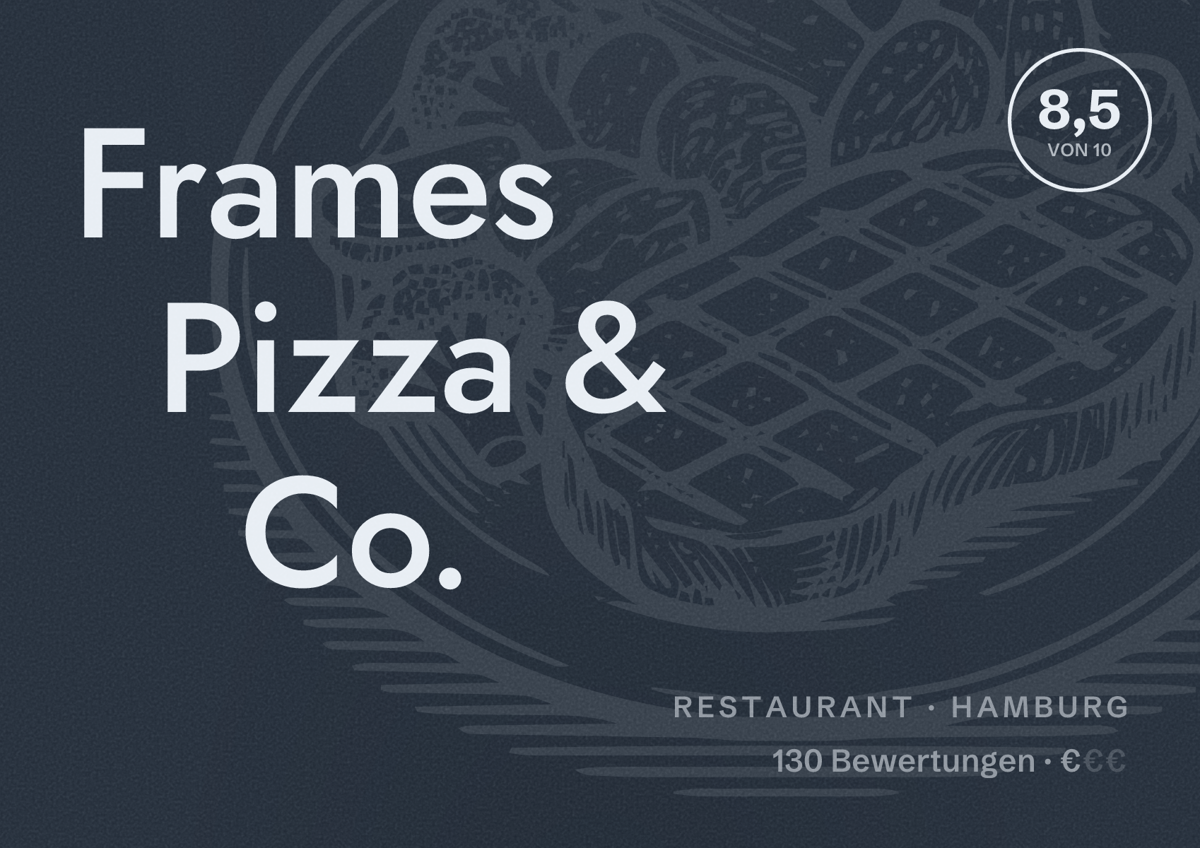 Illustriertes Poster von Frames Pizza & Co., Restaurant in Hamburg: Bewertung 8,5 von 10 aus 130 Bewertungen, Preisniveau €