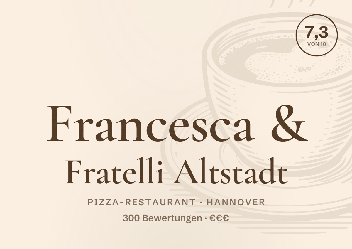 Illustriertes Poster von Francesca & Fratelli Altstadt, Pizza-Restaurant in Hannover: Bewertung 7,3 von 10 aus 300 Bewertungen, Preisniveau €€€