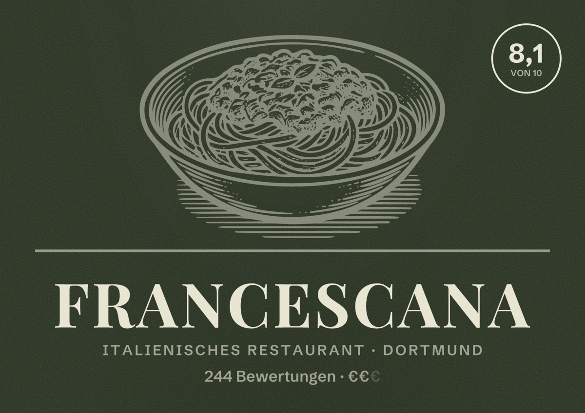 Illustriertes Poster von Francescana, Italienisches Restaurant in Dortmund: Bewertung 8,1 von 10 aus 244 Bewertungen, Preisniveau €€