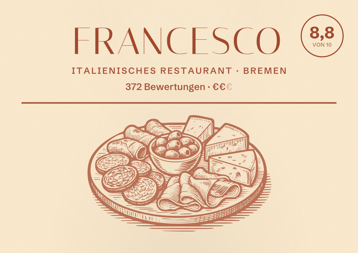 Illustriertes Poster von Francesco, Italienisches Restaurant in Bremen: Bewertung 8,8 von 10 aus 372 Bewertungen, Preisniveau €€