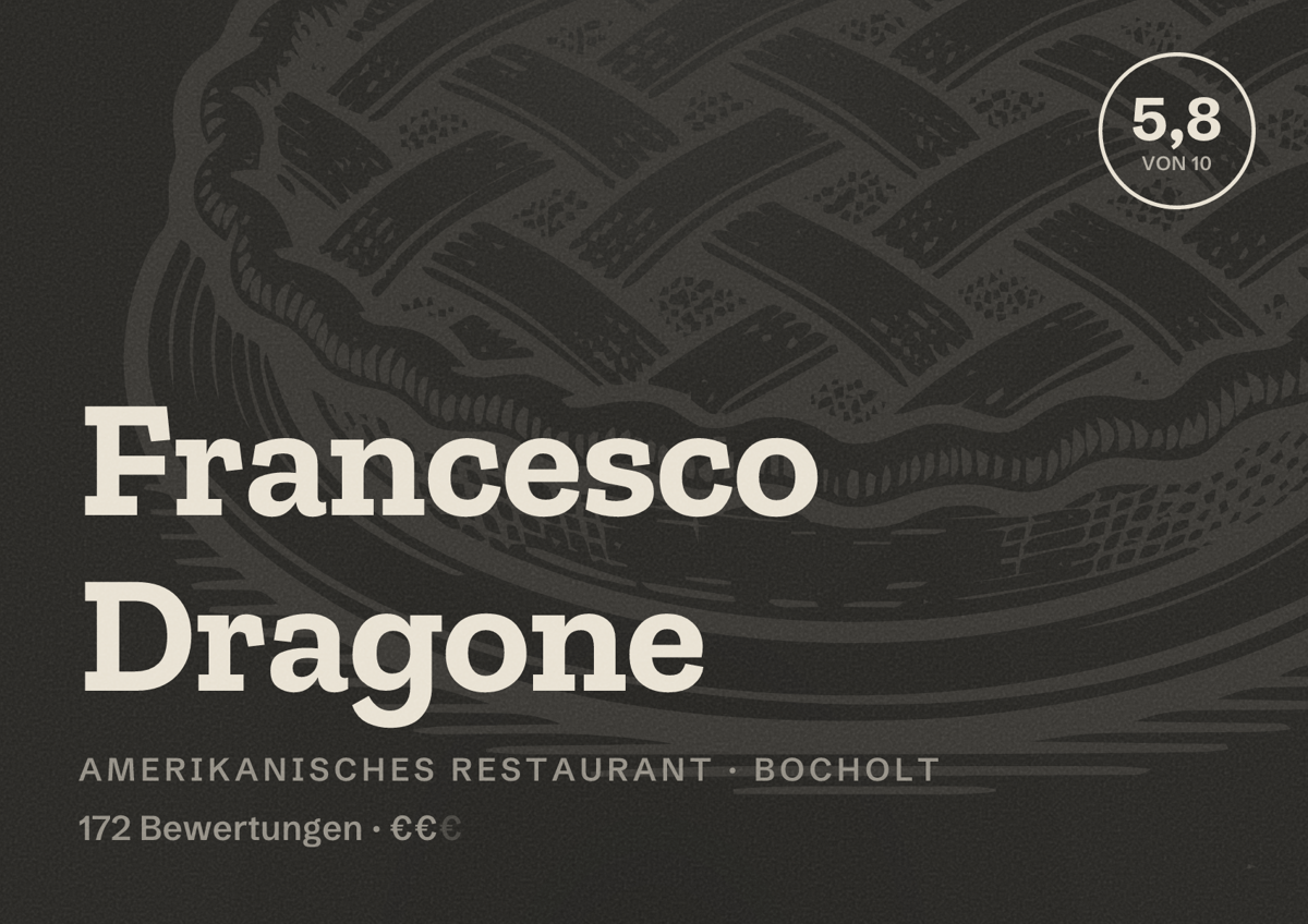 Illustriertes Poster von Francesco Dragone, Amerikanisches Restaurant in Bocholt: Bewertung 5,8 von 10 aus 172 Bewertungen, Preisniveau €€
