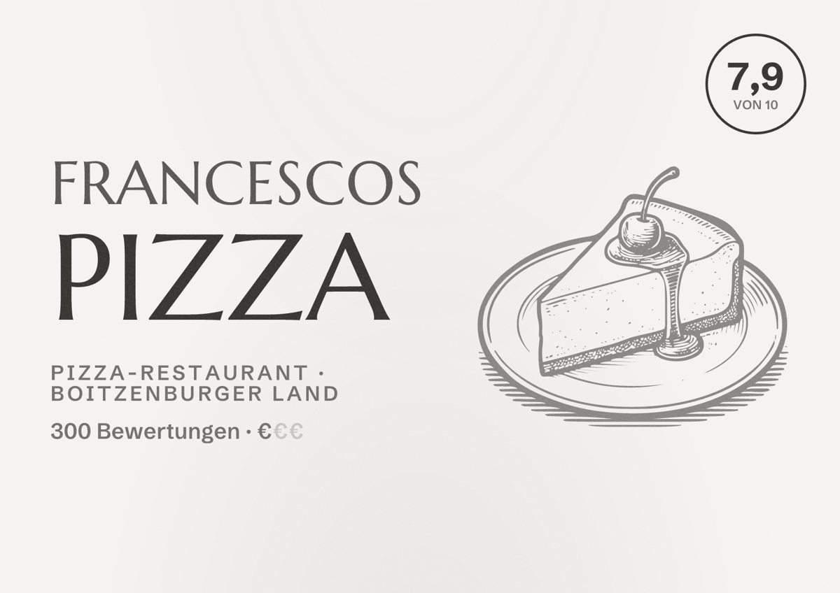 Illustriertes Poster von Francescos Pizza, Pizza-Restaurant in Boitzenburger Land: Bewertung 7,9 von 10 aus 300 Bewertungen, Preisniveau €