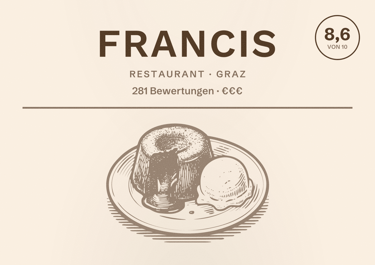 Illustriertes Poster von Francis, Restaurant in Graz: Bewertung 8,6 von 10 aus 281 Bewertungen, Preisniveau €€€