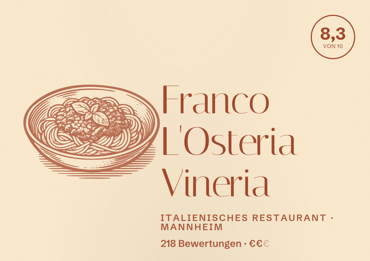 Illustriertes Poster von Franco L'Osteria Vineria, Italienisches Restaurant in Mannheim: Bewertung 8,3 von 10 aus 218 Bewertungen, Preisniveau €€