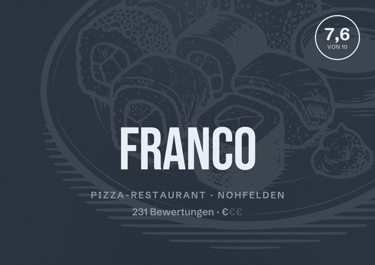 Illustriertes Poster von Franco, Pizza-Restaurant in Nohfelden: Bewertung 7,6 von 10 aus 231 Bewertungen, Preisniveau €