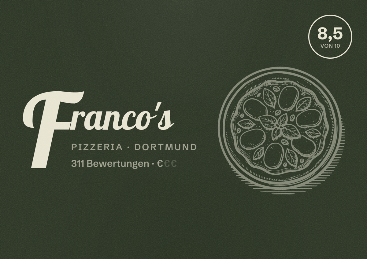 Illustriertes Poster von Franco's, Pizzeria in Dortmund: Bewertung 8,5 von 10 aus 311 Bewertungen, Preisniveau €