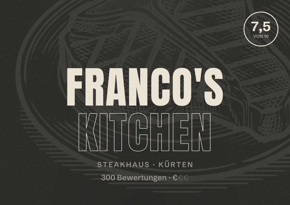 Illustriertes Poster von Franco's kitchen, Steakhaus in Kürten: Bewertung 7,5 von 10 aus 300 Bewertungen, Preisniveau €