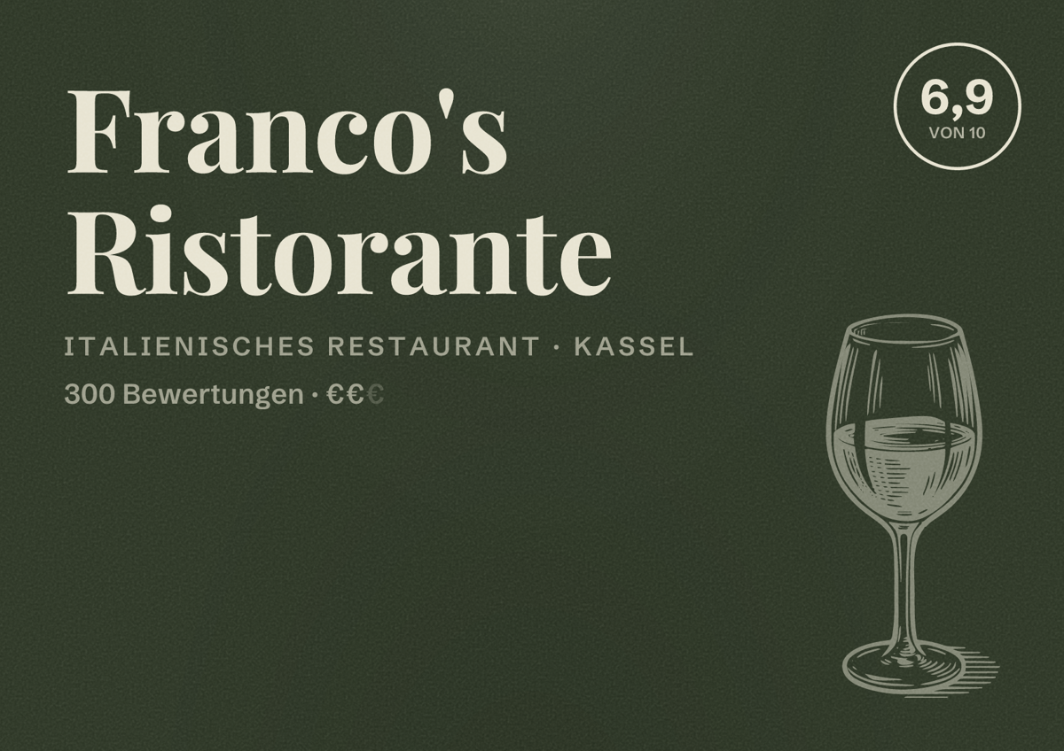 Illustriertes Poster von Franco's Ristorante, Italienisches Restaurant in Kassel: Bewertung 6,9 von 10 aus 300 Bewertungen, Preisniveau €€