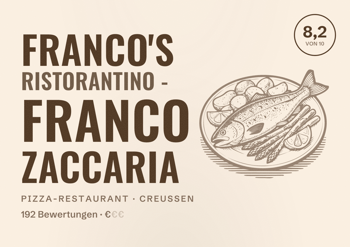 Illustriertes Poster von Franco's Ristorantino - Franco Zaccaria, Pizza-Restaurant in Creußen: Bewertung 8,2 von 10 aus 192 Bewertungen, Preisniveau €