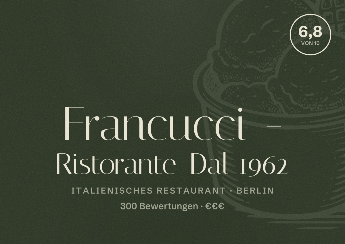 Illustriertes Poster von Francucci - Ristorante Dal 1962, Italienisches Restaurant in Berlin: Bewertung 6,8 von 10 aus 300 Bewertungen, Preisniveau €€€