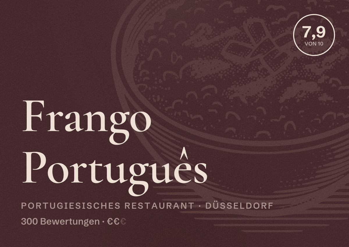 Illustriertes Poster von Frango Português, Portugiesisches Restaurant in Düsseldorf: Bewertung 7,9 von 10 aus 300 Bewertungen, Preisniveau €€