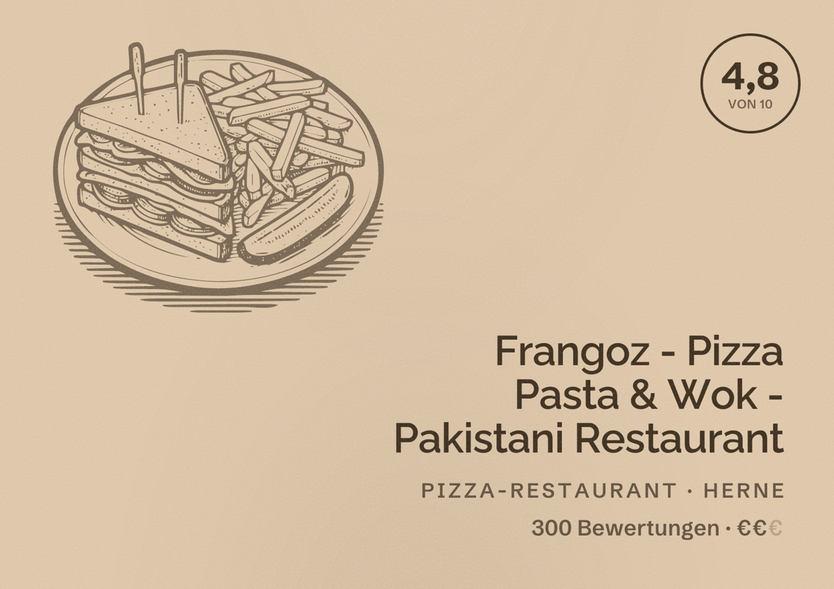 Illustriertes Poster von Frangoz - Pizza Pasta & Wok - Pakistani Restaurant, Pizza-Restaurant in Herne: Bewertung 4,8 von 10 aus 300 Bewertungen, Preisniveau €€