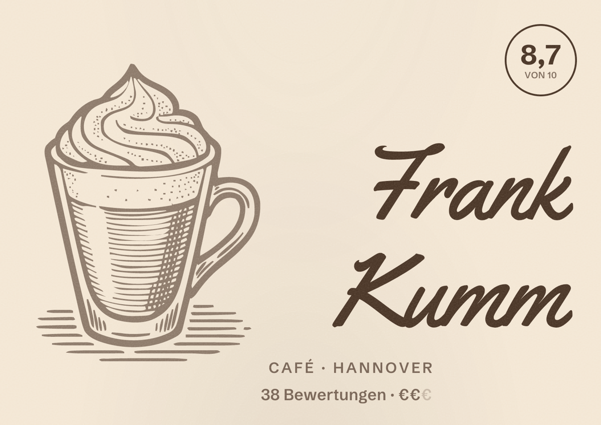 Illustriertes Poster von Frank Kumm, Café in Hannover: Bewertung 8,7 von 10 aus 38 Bewertungen, Preisniveau €€