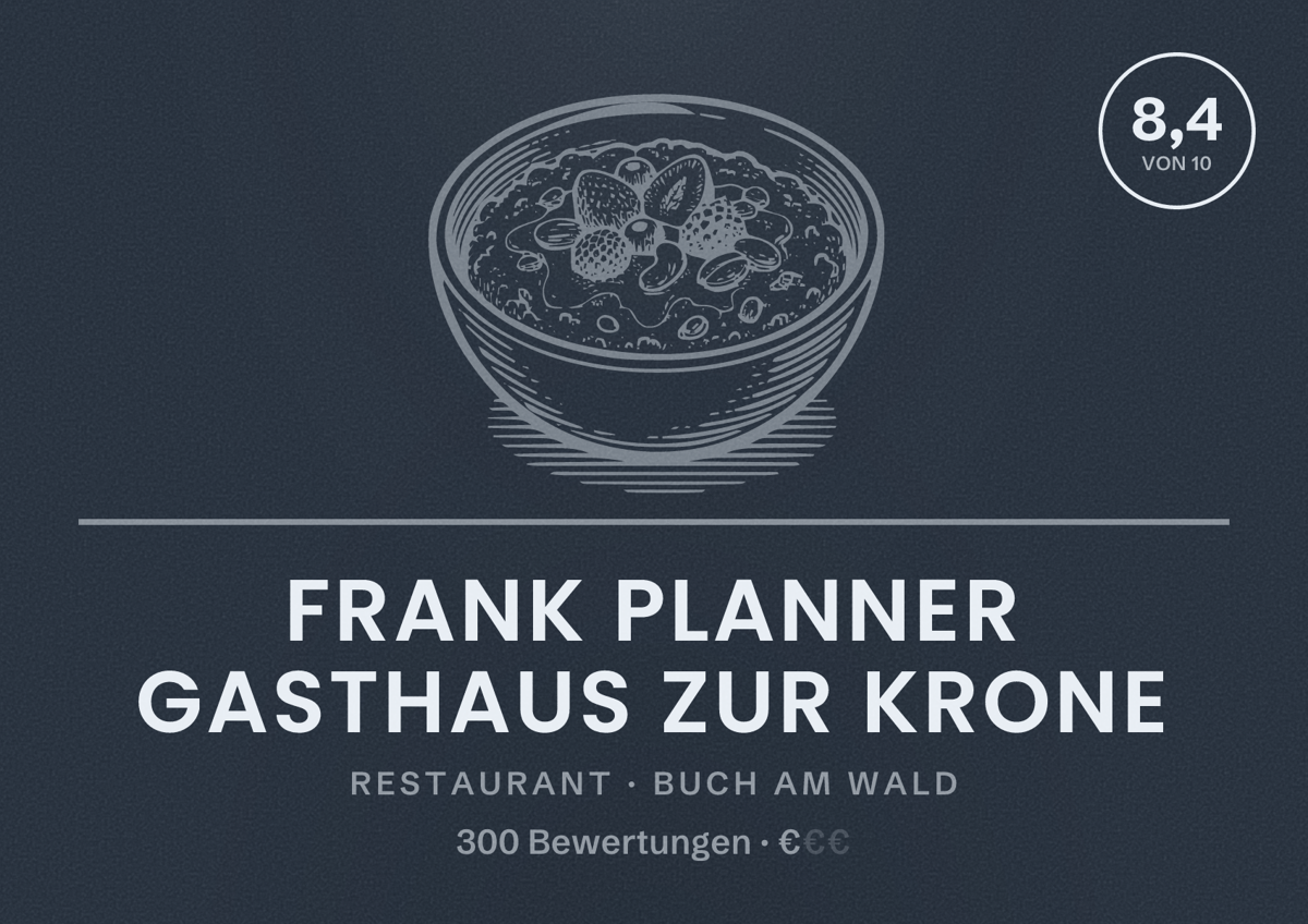 Illustriertes Poster von Frank Planner Gasthaus zur Krone, Restaurant in Buch am Wald: Bewertung 8,4 von 10 aus 300 Bewertungen, Preisniveau €