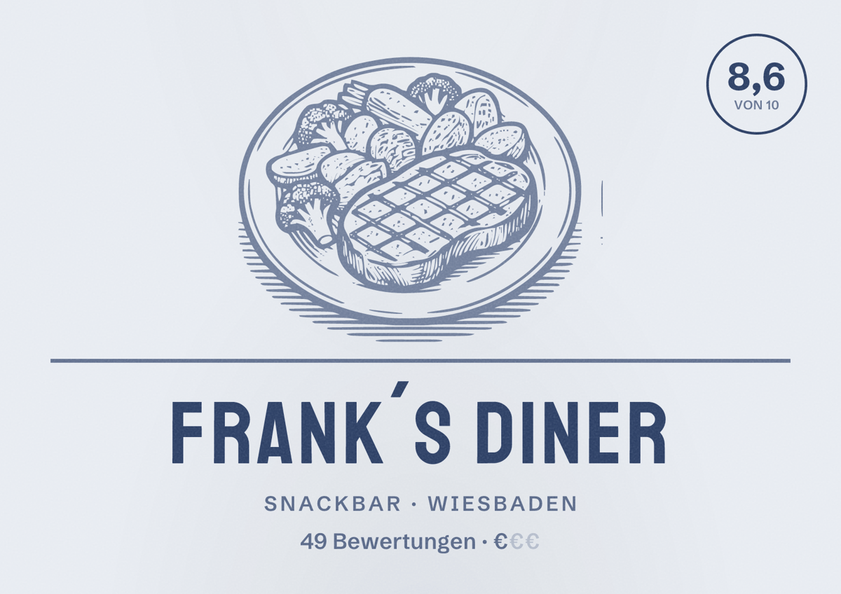 Illustriertes Poster von Frank´s Diner, Snackbar in Wiesbaden: Bewertung 8,6 von 10 aus 49 Bewertungen, Preisniveau €